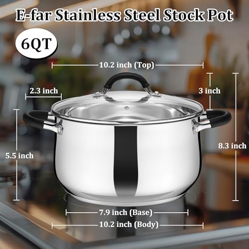 E-far 6 QT Stainless Steel Pot, Stock Cooking Pot with Visible Lid for Simmering Soup Pasta, Tri-Ply Thick Base for Induction Gas, Dual Silicone Handles for Heat Proof, Non-Toxic & Dishwasher Safe