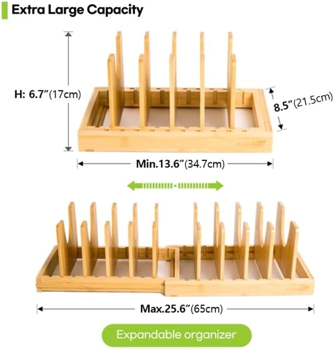 Pots and Pans Organizer under Cabinet Expandable Bamboo Pot Lid Holder Rack
