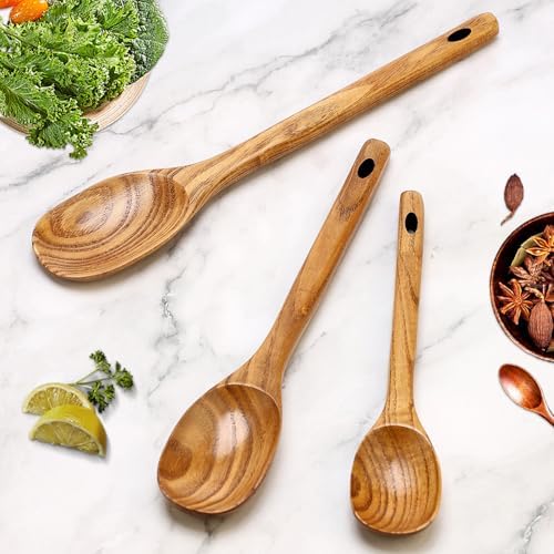 3 Pcs Non Toxic Wood Serving Spoons Set for Cooking Mixing Kitchen Utensils