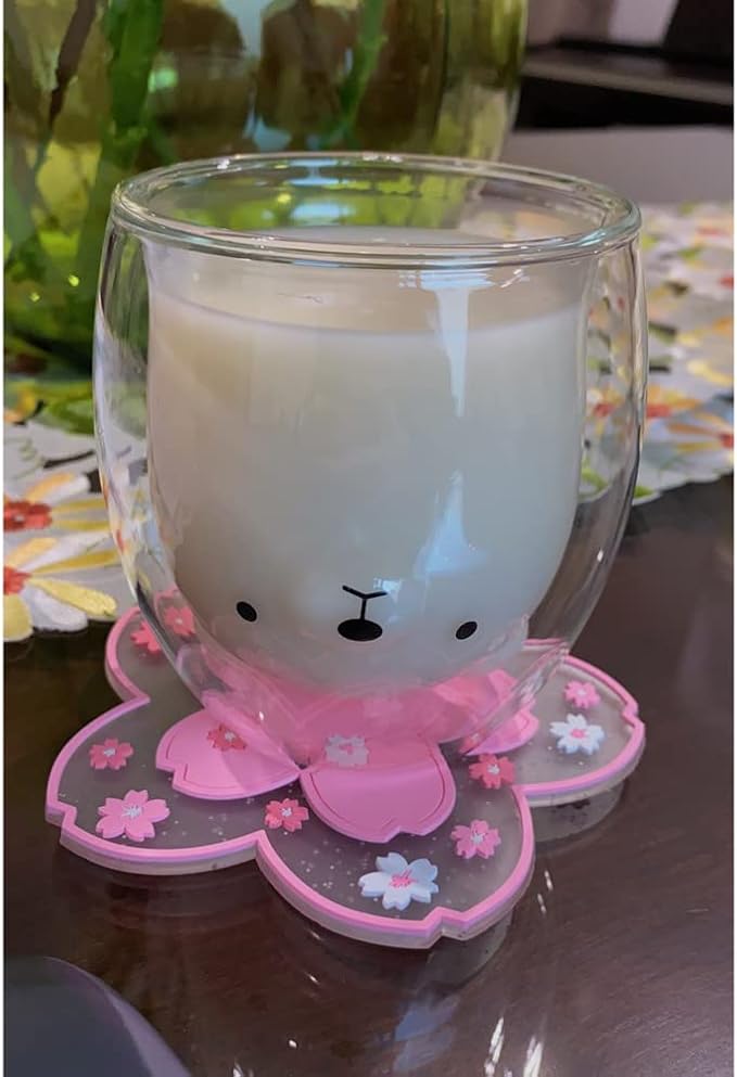 Sakura Coasters Set of 6 Kawaii Cup Mat Anti-Skid Pot Bowl Pad Placemats PVC Cherry Blossom Coaster for Drinks Coffee Table Cute Room Home Kitchen Decor Kawaii Desk Accessories(4.3in)