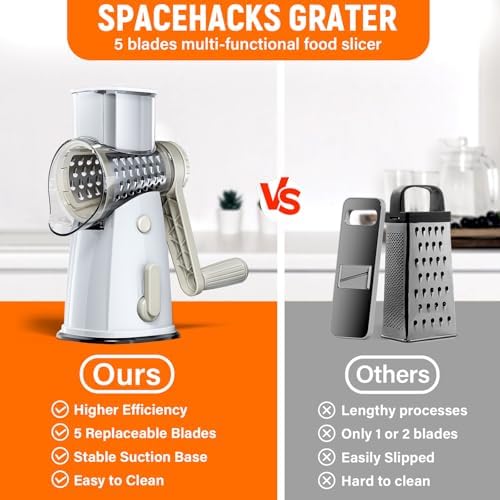 Rotary Cheese Grater Hand Crank, 5-in-1 Vegetable Chopper Spiralizer Slicer