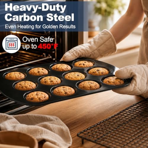 UWILLION Muffin Top Pan, 12 Cavity Nonstick Shallow Cupcake Pan, 3 Inch Carbon Steel Baking Tray, Oven Safe up to 450°F, for Muffin Tops, Eggs, Cornbread, Cookies, Whoopie Pies