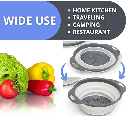 Round Silicone White Colander Collapsible – Foldable White Kitchen Strainer Small Collapsible Colander with Plastic Handles for Draining Vegetable and Fruit Silicone Kitchen Strainer for Pasta