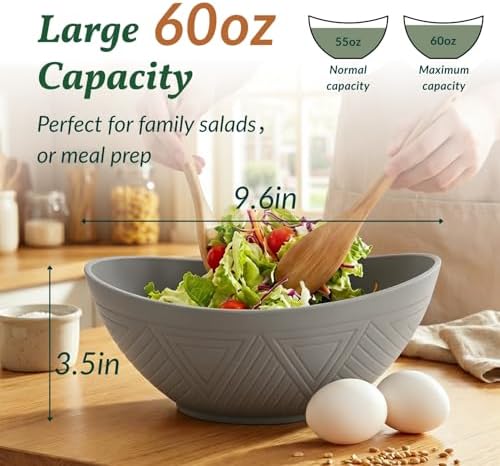 Homienly Wheat Straw Bowls, Large Salad Bowls Set of 6-60 OZ Serving Bowl for Kitchen, Camping, Party - Unbreakablke Microwave and Dishwasher Safe Big Cereal Bowl, Large Soup Bowl - Grey