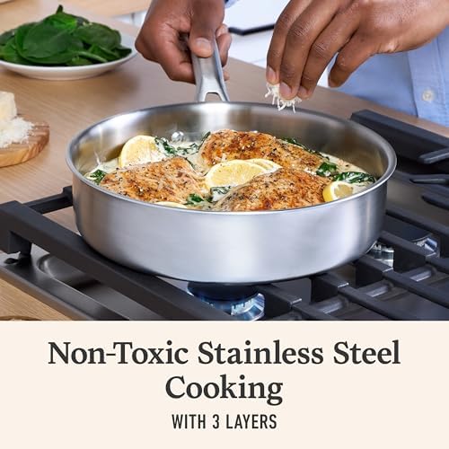 Calphalon Brushed 3-Ply Stainless Steel Cookware Set w/Turbo Heat Tech 3Qt Sauté Pan with Lid, Induction, Oven Safe 450F, Brushed Stainless Silver