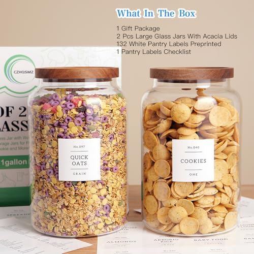 CZHQSMZ Set of 2 Large Glass Flour and Sugar Containers with 132 Pantry Labels - Glass Food Storage Jars with Airtight Bamboo Lid for Flour Pasta Candy Coffee Cookie and More(1 Gallon/4000 ml)