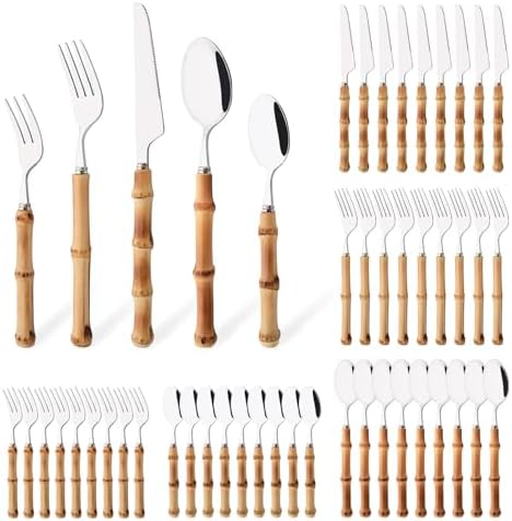 50PCS Silverware Set for 10, Bamboo Handle Flatware Set, Stainless Steel Cutlery Set for Home Restaurant and Party, Bamboo Forks Spoons and Knives Set, Polished Tableware