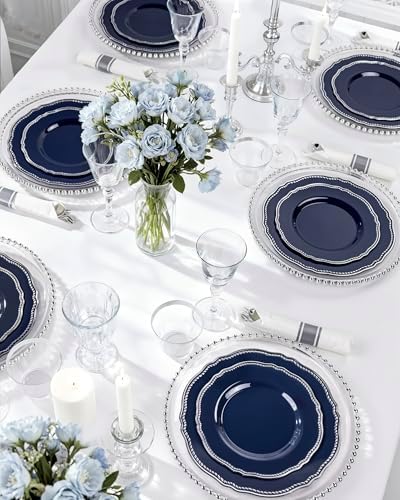 Hioasis 175 Pcs Blue Silver Plastic Plates Wedding & Party