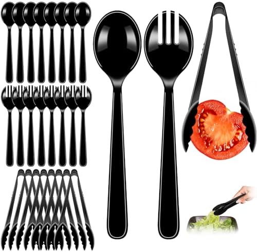 24 Pcs Black Plastic Serving Utensils Set, Disposable & Reusable Supplies