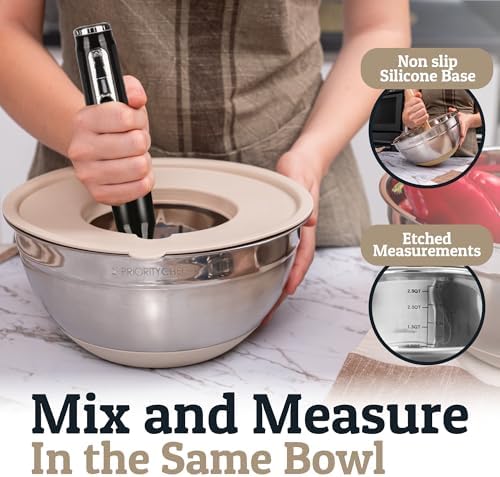 Priority Chef 6Pc Stainless Steel Mixing Bowls with Lids Set, Huge 7 Qrt Size Metal Bowl Set for Kitchen, 3 Graters, Non-Slip Bases & Silicone Utensils Set, Khaki