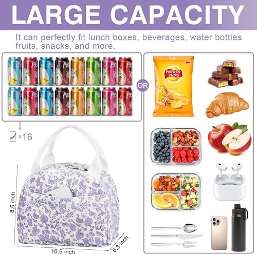 TESAFNG Lunch Bag - Insulated Lunch Box for Women, Reusable Large Capacity Cooler Bag for Adult, Small Leakproof Cute Corduroy Lunch Tote for Work Office Travel Picnic (Corduroy Purple-Flower)