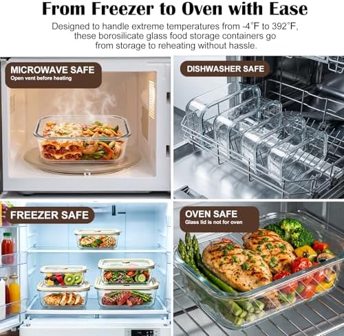 Multi-Size Glass Food Storage Containers with Glass Lids, 4 Pack