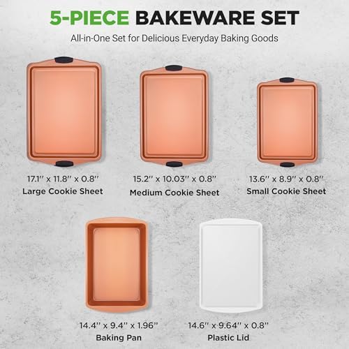 NutriChef 5‑Piece Non‑Stick Bakeware Set – Premium Carbon Steel Baking Pans Set with Silicone Handles, Stackable Oven Pan Set for Cookies, Sheet Cakes, & Roasting