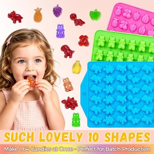 Gummy Candy Chocolate Molds - Silicone Mini Gummy Bear/Dinosaur/Fruit Snack Molds with 2pcs Dropper, Non-stick for Candy Chocolate Gummies Baking