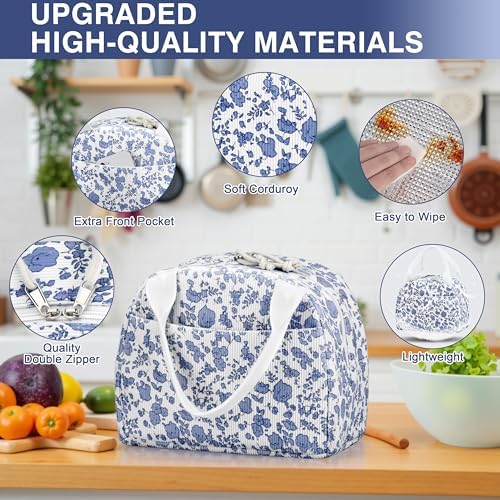TESAFNG Lunch Bag - Insulated Lunch Box for Women, Reusable Large Capacity Cooler Bag for Adult, Small Leakproof Cute Corduroy Lunch Tote for Work Office Travel Picnic (Corduroy Navy Blue-Flower)