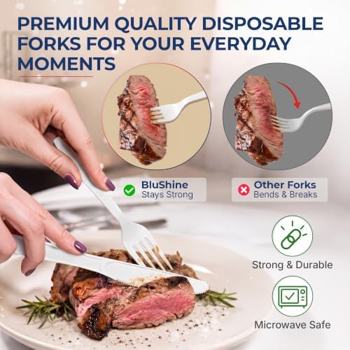BluShine Extra Heavy Duty Plastic Forks, Disposable Bulk Cutlery
