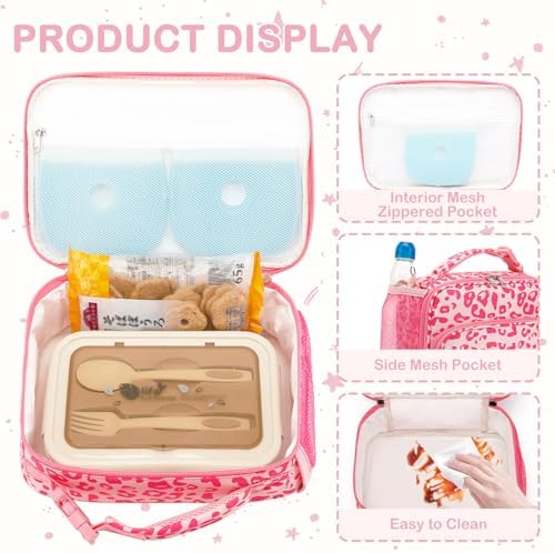 FlowFly Kids Lunch box with buckle Insulated Cooler Back to School Thermal Meal Tote Kit for Girls, Boys, Pink Cow