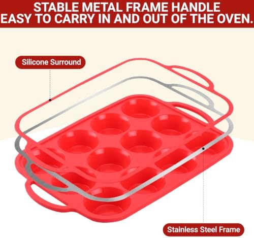 Redfly Silicone Muffin Pans for Baking 12 Cup with Metal Reinforced Frame, Nonstick 2Pack Regular Size Cupcake Pan, BPA Free Food Grade, Easy Release, Dishwasher Oven Freezer Safe for Egg Bite Molds