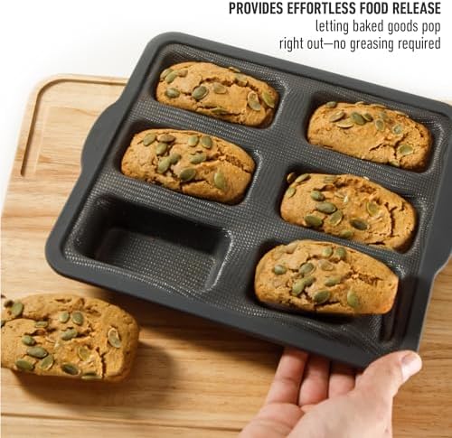 Calphalon Omni 6-Cup Mini Loaf Pan with GlassFlex Technology, Flexible Silicone & Micro-Woven Glass Core for Ultra Airflow & Even Baking, Grey