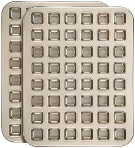 Beasea Square Mini Brownie Bite Pan, 2 Pack 48 Mini Small Tiny Cup All Edges Non Stick Square Cupcake Baking Sheet Tin Tray Carbon Steel Bakeware Individual Muffin Baking Pan - Gold
