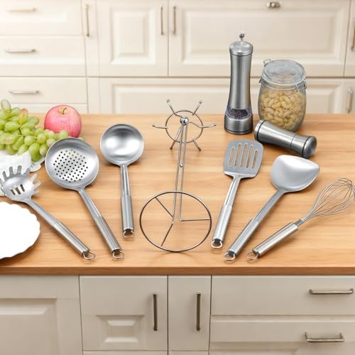 Stainless Steel Kitchen Cooking Utensils Set of 7 - Kitchen Utensils with Hanging Rack, Spatula, Slotted Turner, Soup Ladle, Slotted Spoon, Whisk, Pasta Server, Holder, Dishwasher Safe