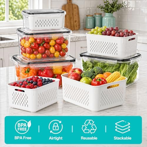 4 Pack Fruit Storage Containers for Fridge Set, BPA Free Produce Containers