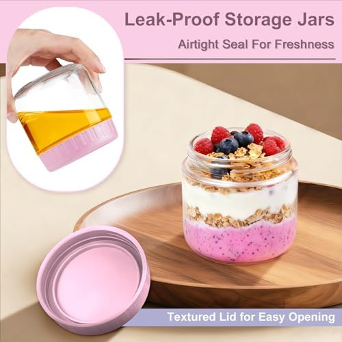 Overnight Oats Containers with Lids, 10oz Wide Mouth Mason Jars with Lids, 6 Pack Glass Jars with Airtight lid for Chia Pudding Yogurt Salad, Meal Prer Oatmeal Jars, Pink