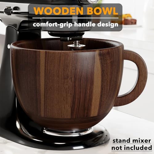 SpaceAid Wooden Bowl with Handle, Kitchen Space Aid Acacia Wood Mixing Bowls Holder for Stand Mixer, Compatible with 4.5 & 5 QT Tilt-Head Models Kitchen, Natural Wood