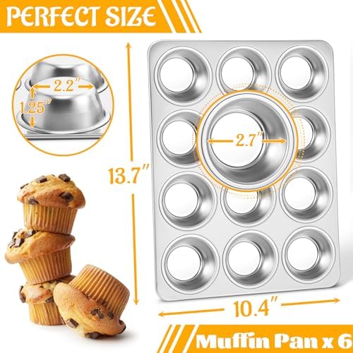 E-far 12-Cup Muffin Pan Set of 6, Stainless Steel Cupcake Pan for Oven
