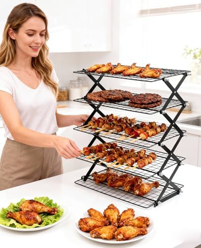 5 Tier Collapsible Cooling Rack, 2/3/4/5-Tier Upgraded,Adjustable ＆ Stackable Baking Rack, 5 Modes Cooling Racks for Cooking and Baking, Roasting ＆ Grilling Gifts for Picnic Party