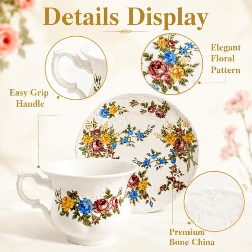 Floral Tea Cup and Saucers, 8 Oz Vintage Ceramic Tea Cup Set