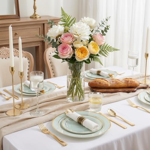 WDF Partyware 175PCS Sage Green Plastic Plates - Heavy Duty Green Plates Disposable - 25Guests Plastic Dinnerware with Rolled Napkins for Birthday/Baby Shower