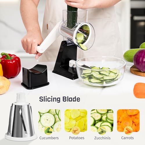 Rotary Cheese Grater, Upgraded Hand Crank Cheese Shredder with 3 Interchangeable Blades, Multi-purpose Kitchen Slicer Shredder for Cheese, Vegetable, Fruit, Nuts, Easy to Use & Clean, Black