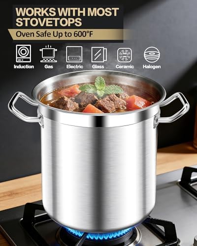 STOCKPOT 20 Quart Soup Pot with Lid – Stainless Steel Stock Pot, Heavy Duty Cooking Pot for Soup, Pasta, Stew – Induction & Oven Safe, Commercial & Home Use