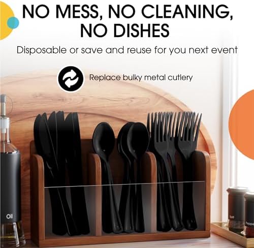 Party Solids Black Plastic Silverware 150 Pcs Black Cutlery Set