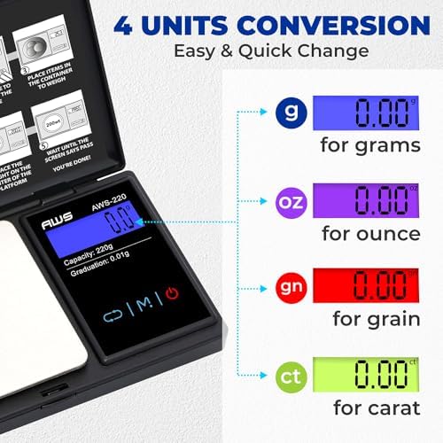 American Weigh Scales 220g x 0.01g Digital Pocket Weight Scale | Precision Digital Scale LCD Screen Accurately Measures Jewelry Gemstone Coins, Small Pocket Food Scale, Electronic Medicine Lab Scale