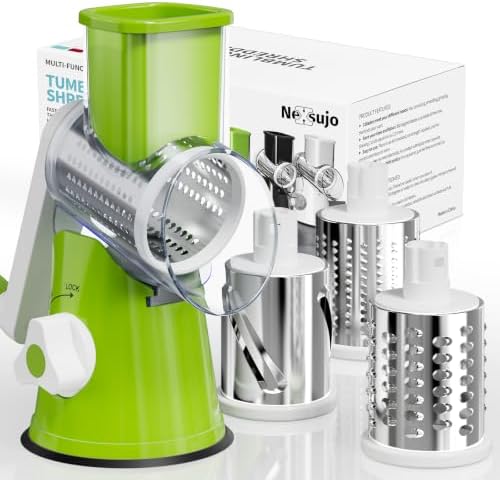 Rotary Cheese Grater Hand Crank, 3 Blades Slicer Shredder, Cheese Grater for Kitchen, Multi-Functional Kitchen Tool for Vegetables, Nuts, Chocolate, with Strong Suction Base, Green