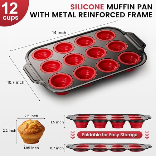 Silicone Muffin Pans for Baking with Metal Frame - 12 Cups Cupcake Pans