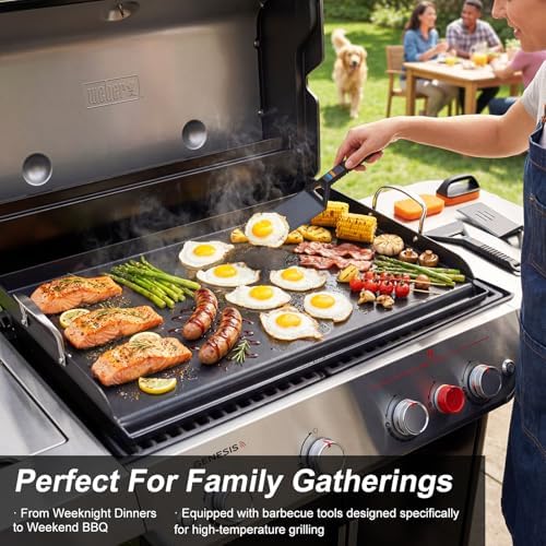 Cast Iron Griddle for Gas Grill with 5-Piece Silicone Griddle Tool Kit 25" x 16" Nano-Ceramic Nonstick Grill Griddle for Gas Charcoal Grills Flat Top Grill Accessories with Stainless Steel Core Tools