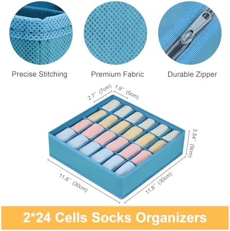 Joyoldelf Sock Organizer Drawer Organizer - 2 Packs Underwear Organizer, 24 Cells Collapsible Closet Organizers and Storage Sock Holders Organizers for Storing Socks, Ties, Belts(Blue)