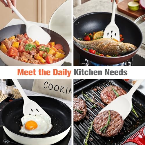 Silicone Spatula Set of 2 Pack, Heat Resistant Solid&Slotted Turner (WHITE)
