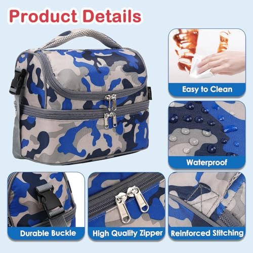 FlowFly Kids Double Decker Cooler Insulated Lunch Bag Large Tote for Boys, Girls, Men, Women, With Adjustable Strap, Blue Camo