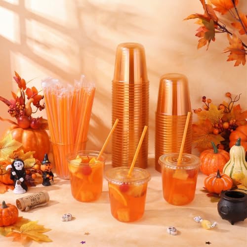 tchrules 100 Set 12oz Orange Plastic Iced Coffee Cups with Lids & Straws