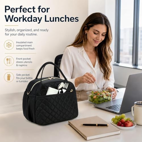 CAMTOP Lunch Box for Women Insulated Lunch Bag Large Lunchbox Cooler Thermal Leakproof Quilted Reusable Lunch Tote Bag for Work School Travel Picnic