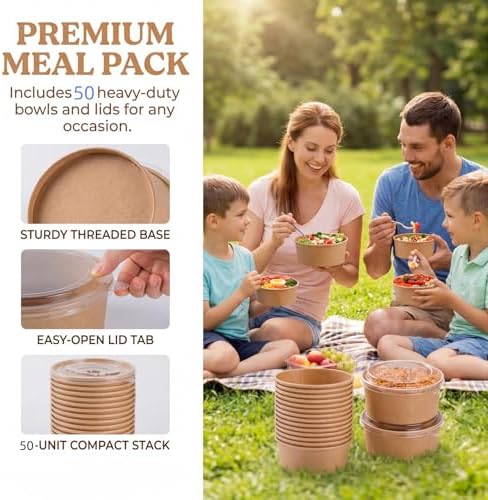 Lyellfe 50 Pack Kraft Paper Bowls with Lid, Microwave Freezer Safe