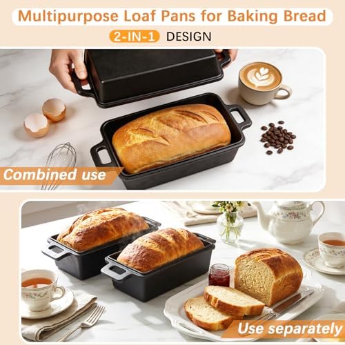 9×5 in Cast Iron Loaf Pans with Lids Even Heat Distribution for Baking Bread, Non-Stick Bread Pans for Homemade Sandwich and Sourdough Bread