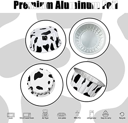 100Pcs Aluminum Cups with Lids,5oz Disposable Ramekin Baking Cups Muffin Liners Mini Pie Pans Foil Cupcake Containers for Christmas Party Wedding Party,Cow Print