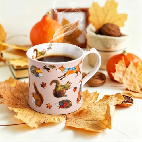 Fall Animal Coffee Mug, 12oz Ceramic Autumn Mug with Woodland Fox, Squirrel & Hedgehog in Scarves & Leaves, Cozy Fall Gift for Nature Lovers, Designed in England by Harvest Green Studio