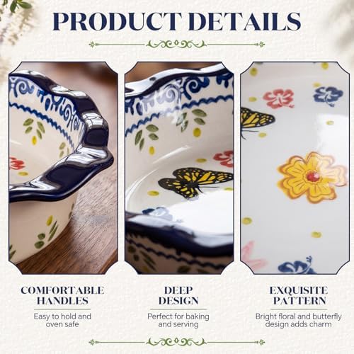 Uiifan Ceramic Casserole Dishes Vintage Pie Pan Bakeware Butterfly and Flower Pattern Plate Lasagna Pans Soup Bowl for Oven, Dishwasher and Microwave Safe(2 Pack,Round Style)