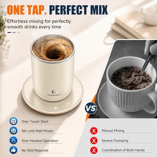 Self Heated Stirring Coffee Mug, 10oz Auto Mixing Cup with Warmer, White
